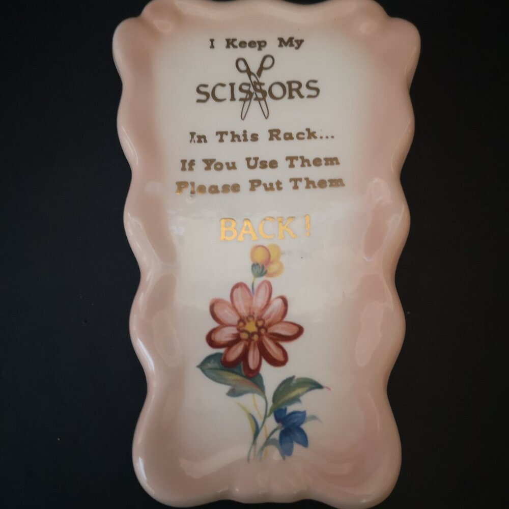 Vintage Ceramic Scissor Holder for Wall 6" High Handpainted Scalloped Edge